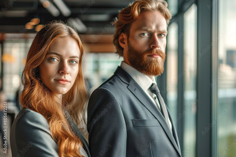 Smiling redhead Businesswoman with Male Colleague