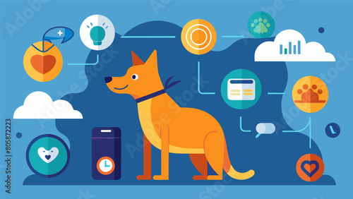 A multifunctional activity tracker that monitors your pets sleep play and exercise habits to provide a comprehensive overview of their daily wellness.. Vector illustration