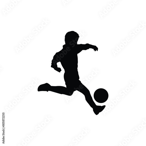 Silhouette of football player boy kicking ball  children game of soccer. Vector illustration