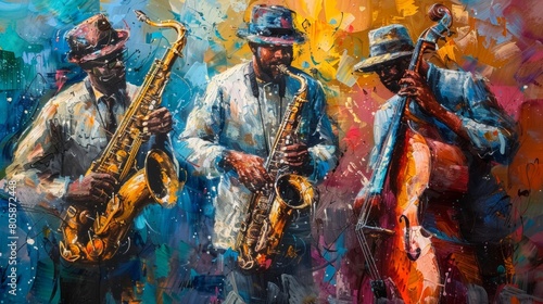Vibrant painting of three jazz musicians playing saxophone and double bass on stage