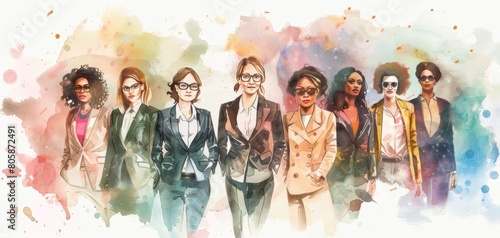 Diverse women professionals in watercolor business illustration.