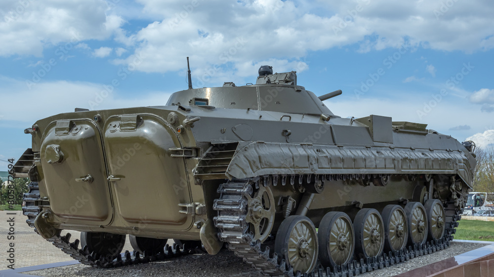 Tracked infantry fighting vehicle for the transportation of personnel. A Russian armored combat vehicle for the transportation of shooters and fire support. The doors of the troop compartment.