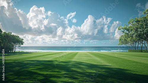 A cricket field with a beautiful ocean view in the background photo
