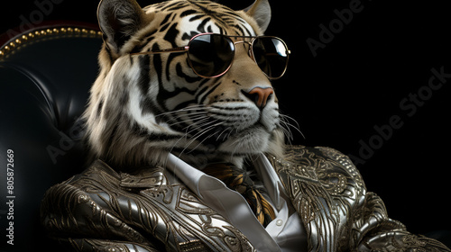 A tiger wearing sunglasses and a suit is sitting in a chair