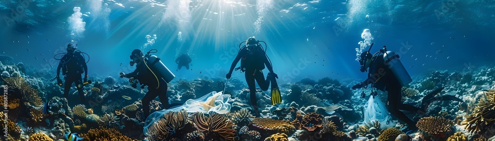 Scuba Divers Removing Debris from Vibrant Coral Reef Underwater Scuba Divers Removing Debris from Vibrant Coral Reef Underwater
