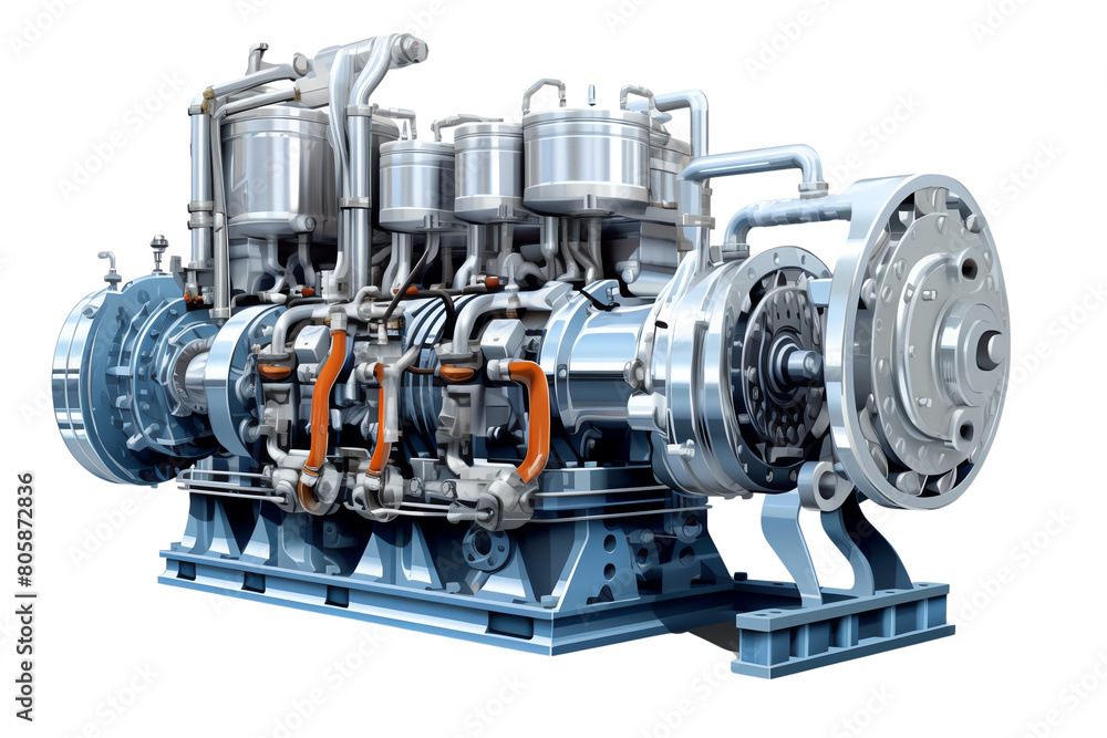 large diesel engine. made of metal and has many different parts, including pistons, cylinders, and valves., transparent background