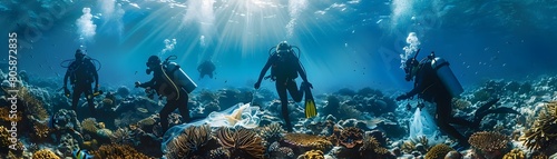 Scuba Divers Removing Debris from Vibrant Coral Reef Underwater