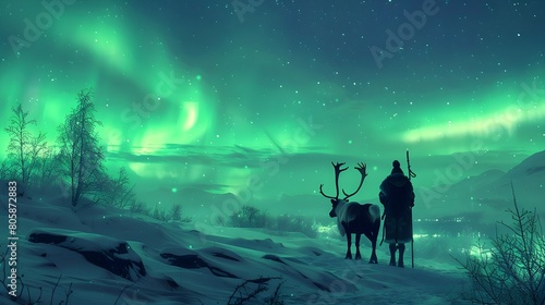 silhouette of man and Reindeer against the aurora 
