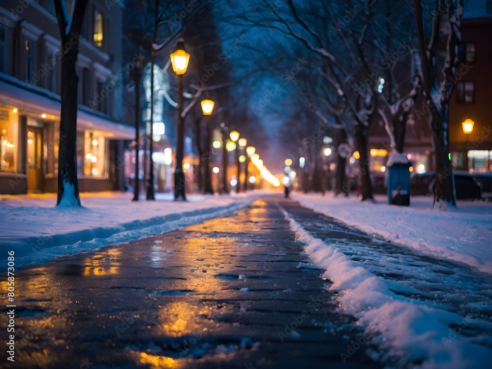 Enchanting winter night in the city, with the glow of neon signs reflecting off the snow-covered pavement, casting an ethereal ambiance over the urban landscape.
