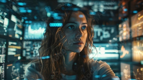 A young woman is surrounded by monitors & their reflections displaying scrolling text and data