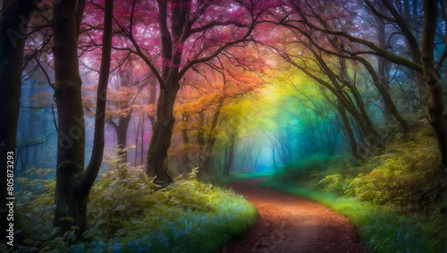 Enchanting Woodland  Journey into a Magical Fantasy Forest with Vibrant Rainbow Arching Over the Trees