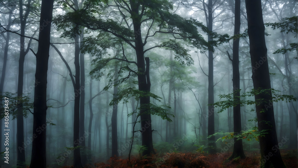 Enigmatic Forest Canopy, Dense Woodland Veiled in Ethereal Fog, Enshrouding Trees in Mystery.