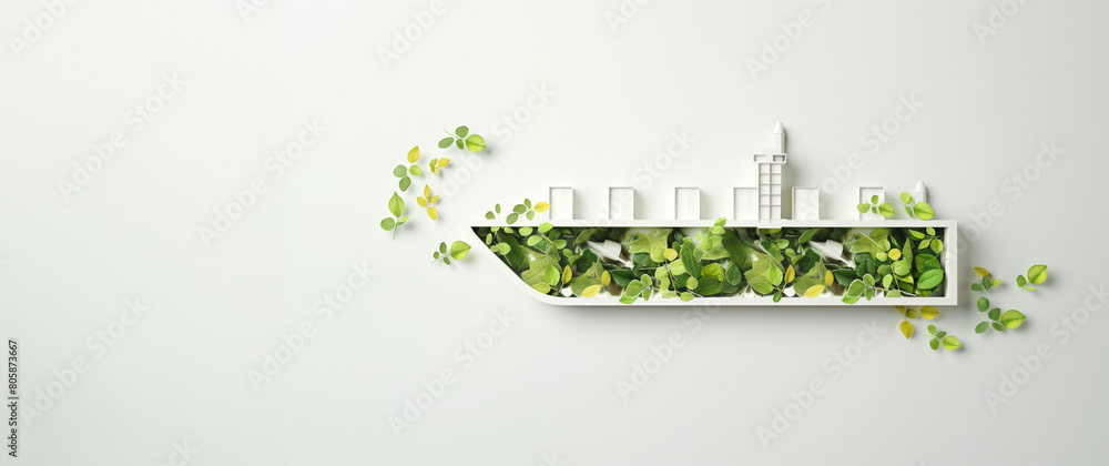 © snapshotfreddy - Minimalist ship's outline formed from green leaves and small plants on white background. Concept of sustainability and environmentally friendly practices in maritime transportation.