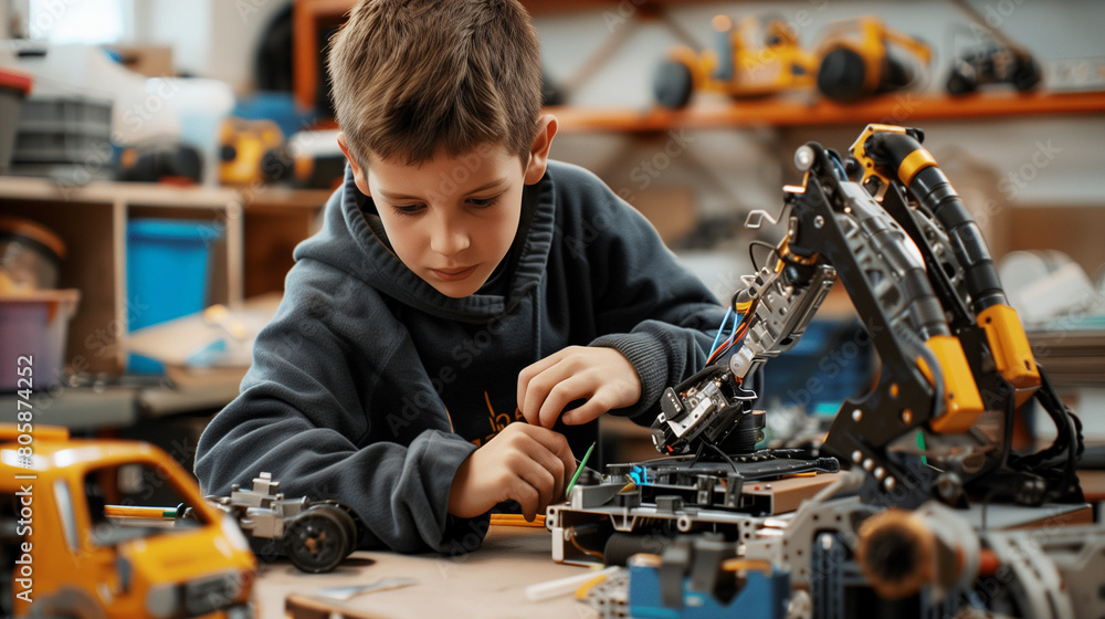 focused an 11-year-old boy goes to robotics classes in a bright modern laboratory, engineering education of schoolchildren focused an 11-year-old boy goes to robotics classes in a bright modern laboratory, engineering education of schoolchildren