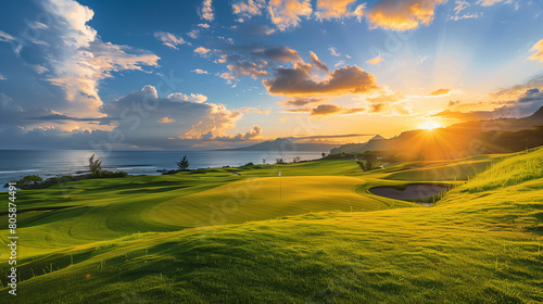 A golf course on the coastline of the sea against the backdrop of a beautiful sunset