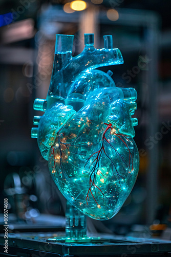 Biofabricated heart connected to biotech machinery, blue and green lights, side angle shot photo