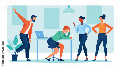 In between tasks employees are encouraged to stand up and stretch their legs taking deep breaths to increase flow and reduce stiffness.. Vector illustration