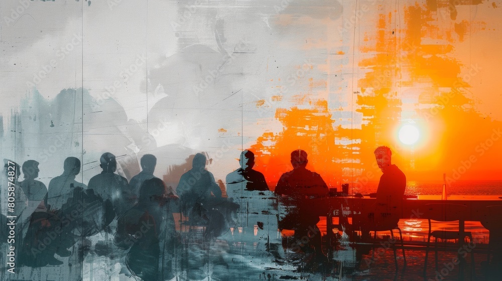 Team meeting against a stunning sunset backdrop, a creative collage Team meeting against a stunning sunset backdrop, a creative collage