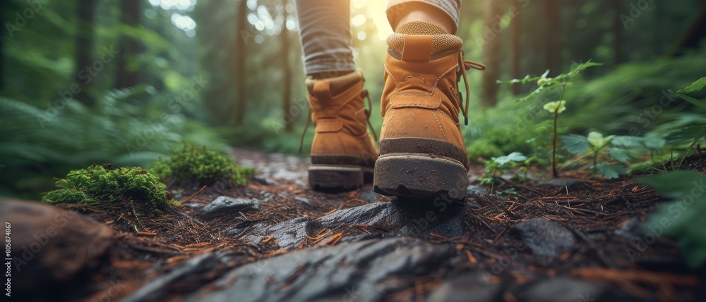 close-up of hiker's boots on a rugged trail, detailed texture of the trail and surrounding greenery, early morning light close-up of hiker's boots on a rugged trail, detailed texture of the trail and surrounding greenery, early morning light