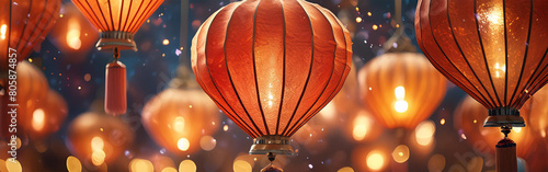 leuchtende asiatische Lampignons in rot orange gelb magisch schwebend vor einem blauen unscharfen Hintergrund mit Bokeh und Glitzern als Banner Vorlage in Nahaufnahme für Feste Party Feiern Hochzeit