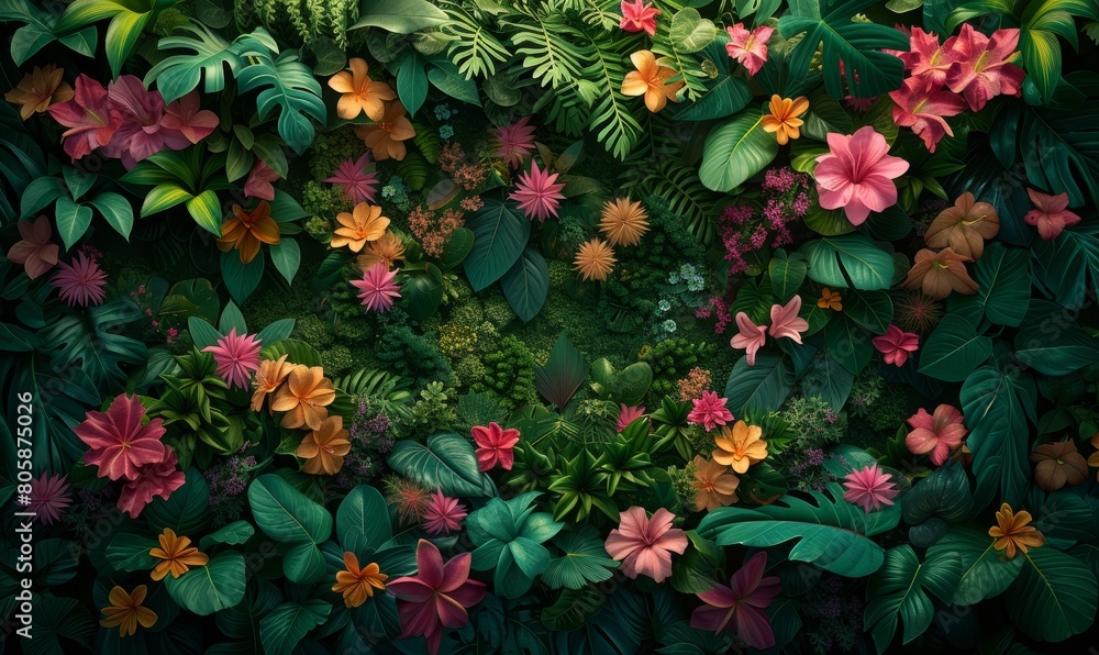 Fototapeta premium dense tropical jungle background from a bird's-eye view, rich greenery interspersed with vibrant flowers