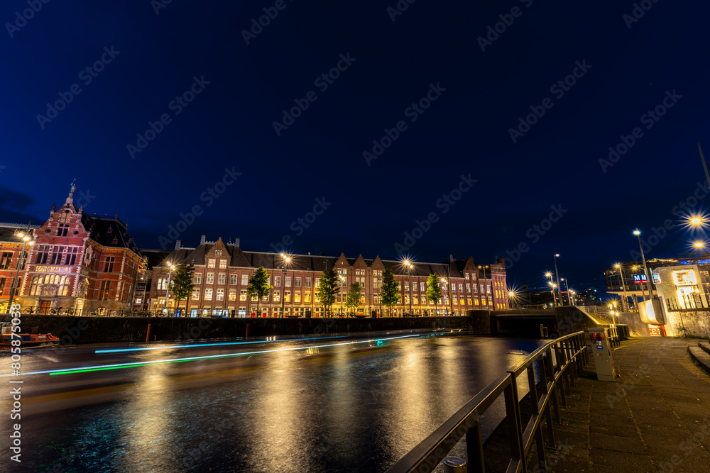 night view of the old town long exposure Amsterdam
