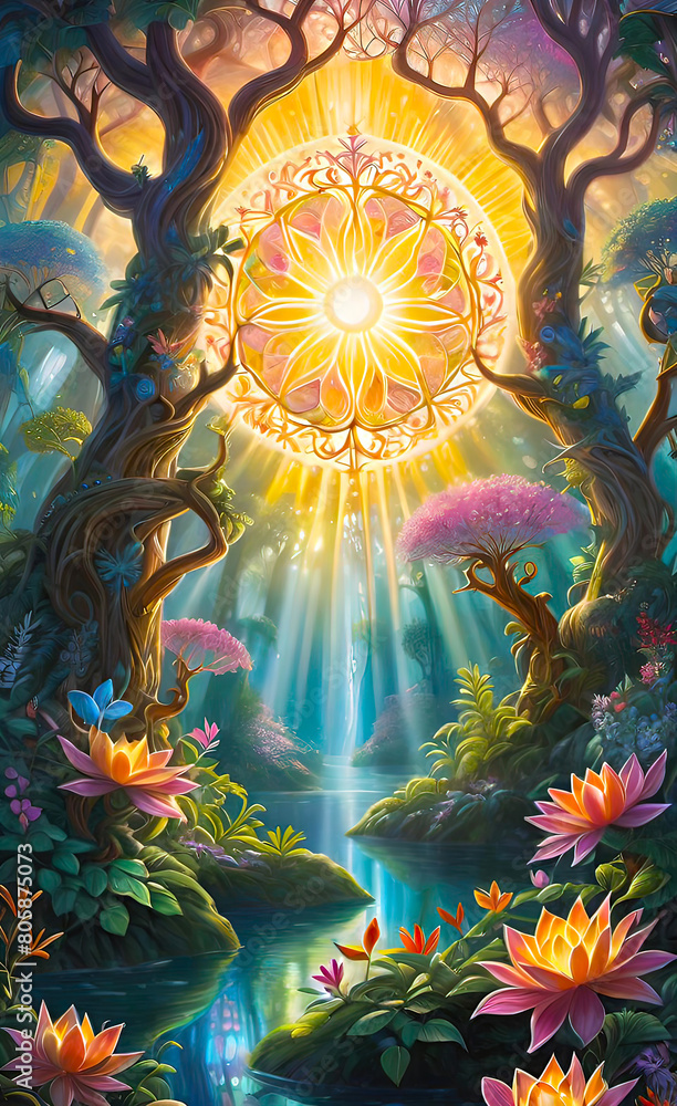 Fototapeta premium Fantasy art with a beautiful palace in the forest of elves, a beautiful background for a smartphone,