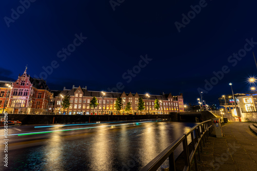 night view of the old town long exposure Amsterdam