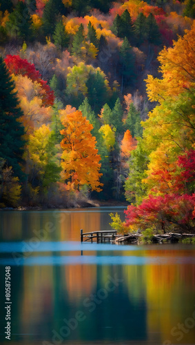 Fall Splendor  A Vivid Autumn Scene with a Tranquil Lake Nestled Amongst Vibrant Trees.