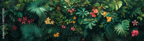 dense tropical jungle background from a bird s-eye view  rich greenery interspersed with vibrant flowers