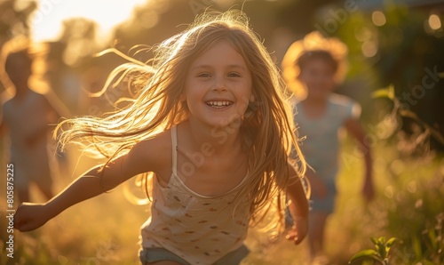 children chasing each other around a backyard, laughter in motion, summer afternoon light