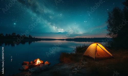 tranquil summer camping scene, tent pitched by a serene lake with a campfire glowing softly under the starry sky