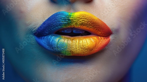 Close-up of lips with rainbow makeup design