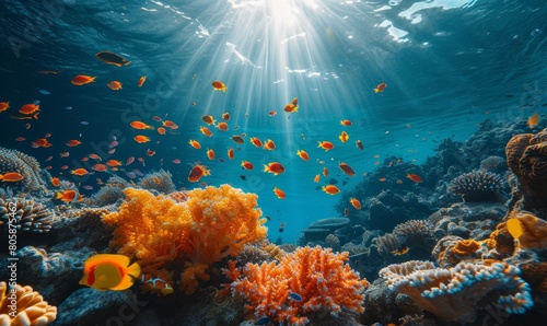 underwater paradise with coral reefs teeming with colorful fish, sunbeams piercing through the water