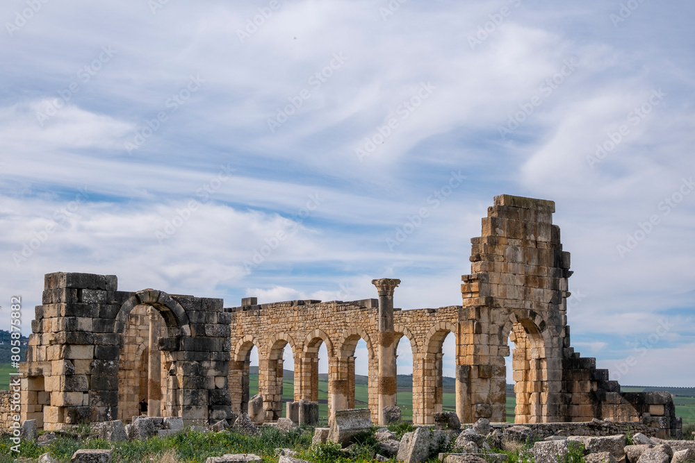 Archaeological Site of Volubilis,  Roman ruins of Basilica and Capitol. UNESCO World Heritage Site, Morocco
