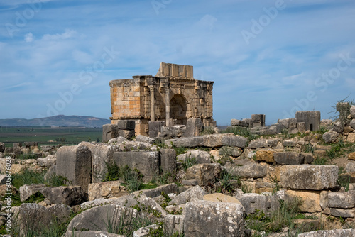 Arch of Triumph, panoramic view of Roman Archaeological Site of Volubilis, UNESCO World Heritage Site, Morocco 