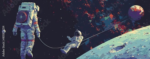 A retroinspired pixelated image of an astronaut floating in space, tethered to a lowresolution spaceship