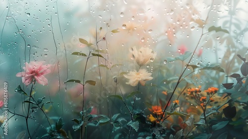 A serene garden viewed through frosted glass, where flowers and leaves blend into abstract shapes