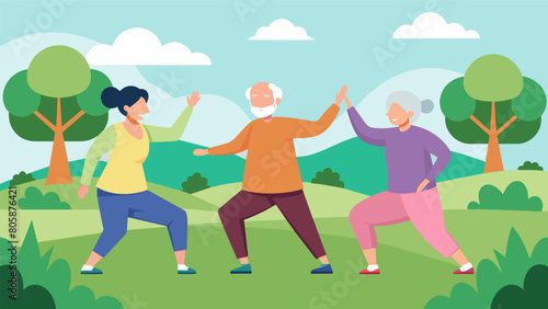 A group of seniors participating in a Tai Chi class in the park moving slowly and mindfully in harmony with nature.. Vector illustration