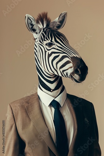 zebra in a suit on a beige background.