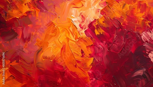 A series of overlapping brushstrokes in vibrant reds and oranges, blending together to create a fiery abstract composition