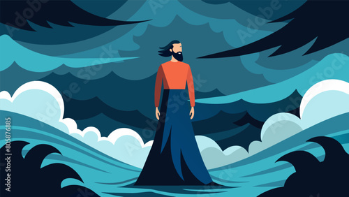 Amidst the chaos of a cyclone the stoic individual stands tall their unwavering gaze fixed on the horizon.. Vector illustration