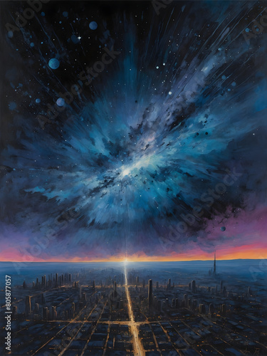 City under a swirling galaxy. A solitary city rests beneath a mesmerizing vortex of stars and celestial dust