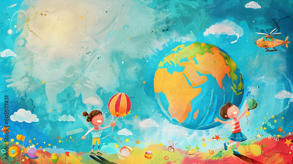 watercolor children playing balloon,kids play together,children's day concept illustration background,Generative Ai