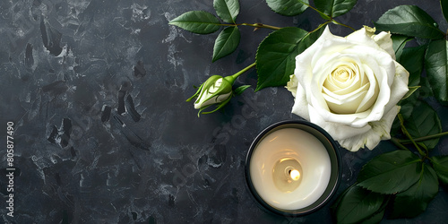 Candle on the table and black rose