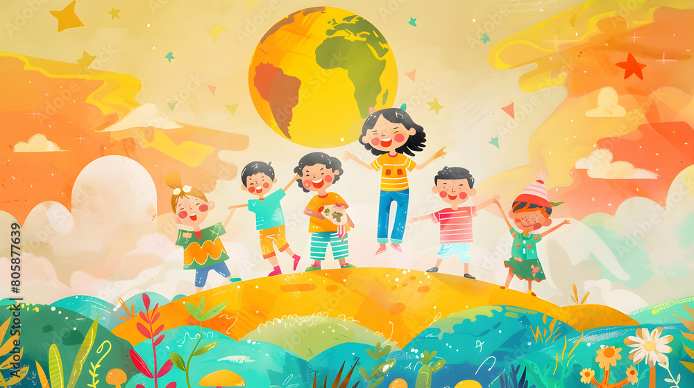 Obraz premium children play and earth globe, earth day concept ,kids play together,children's day concept illustration background,Generative Ai 