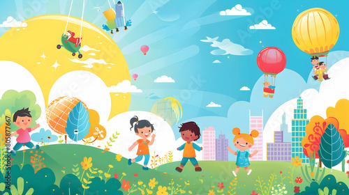 watercolor children playing balloon kids play together children s day concept illustration background Generative Ai