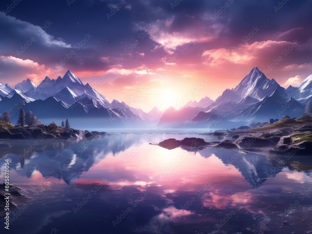 Fantasy landscape. Mountain lake. Sunset. 3d illustration.