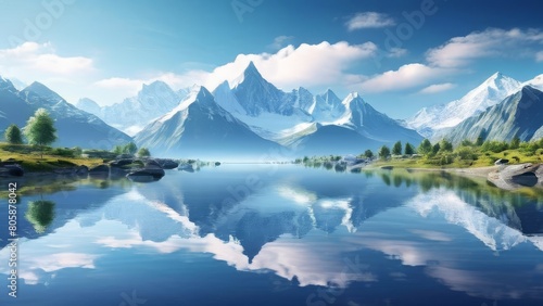 Mountains reflected in the lake. Landscape with mountains and sky