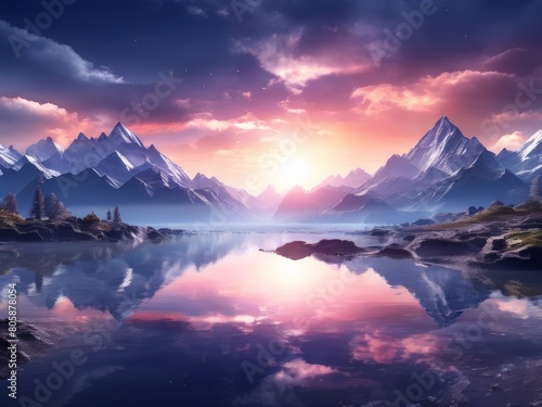 Fantasy landscape. Mountain lake. Sunset. 3d illustration.
